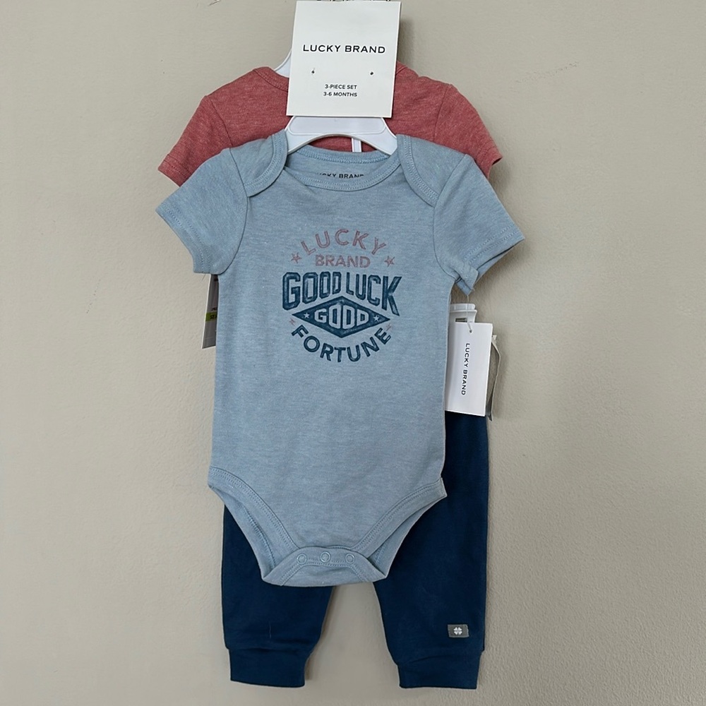 Lucky Brand Baby 3 Piece Set sz 3-6M Boy Bodysuit Pants Good Luck Good Fortune